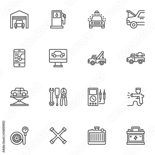 Car repair service line icons set, outline vector symbol collection, automotive repair linear style pictogram pack. Signs, logo illustration. Set includes icons as car computer diagnostics, garage