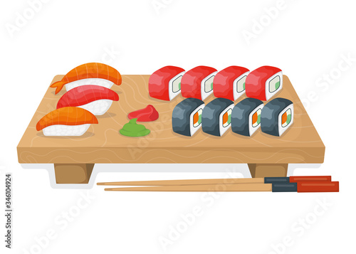 Set of sushi on wooden kitchen board, tuna fish roll and salmon minnow concept isolated on white, cartoon vector illustration.