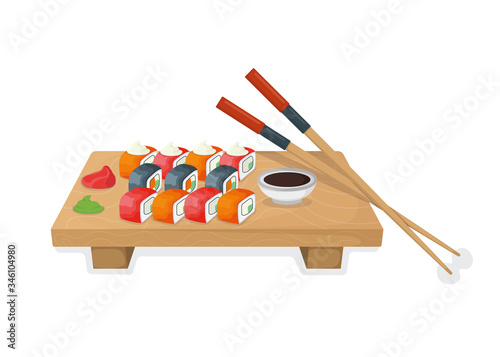 Set of sushi on wooden kitchen board, tuna fish roll and salmon minnow concept isolated on white, cartoon vector illustration.