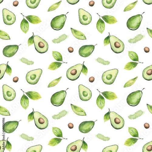 Seamless pattern of avocados and leaves. Watercolor elements isolated on white