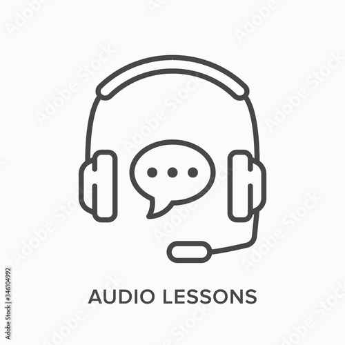Audio lessons line icon. Vector outline illustration of headphones with microphone. Digital education pictogram