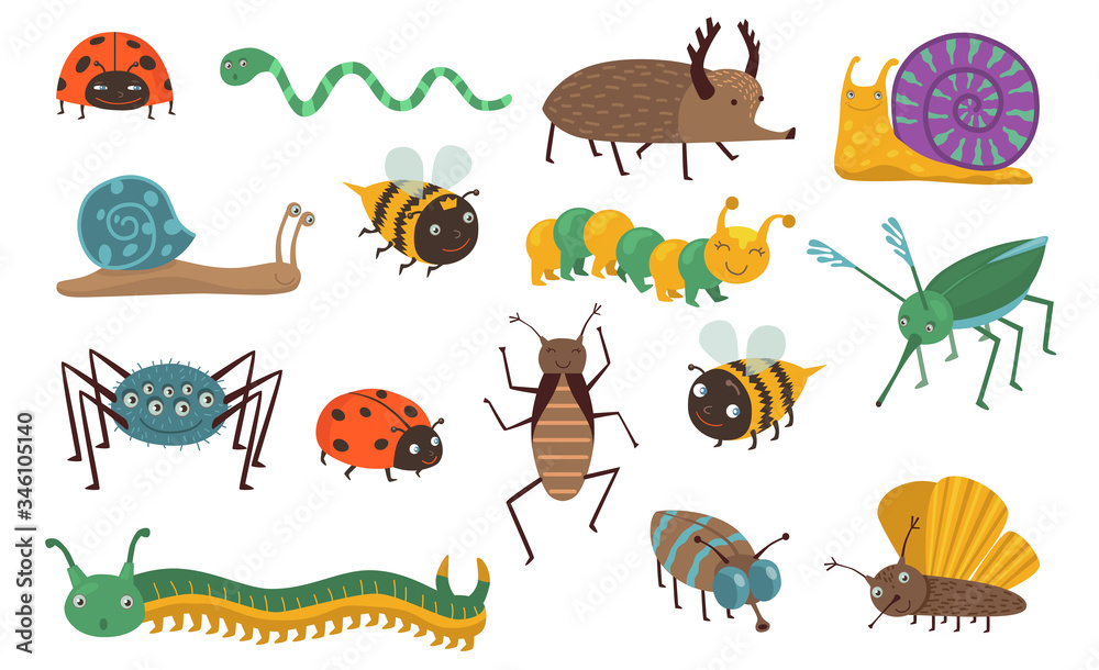 Obraz premium Cartoon insects set. Funny bugs, caterpillar, fly, bee, ladybird, snail, spider, mosquito. Can be used for wildlife, nature, garden, forest concept