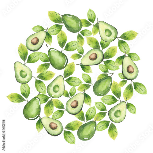 Round background from avocado elements and leaves. Drawn in watercolor in green colors. Isolated on white background