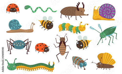 Cartoon insects set. Funny bugs, caterpillar, fly, bee, ladybird, snail, spider, mosquito. Can be used for wildlife, nature, garden, forest concept © PCH.Vector