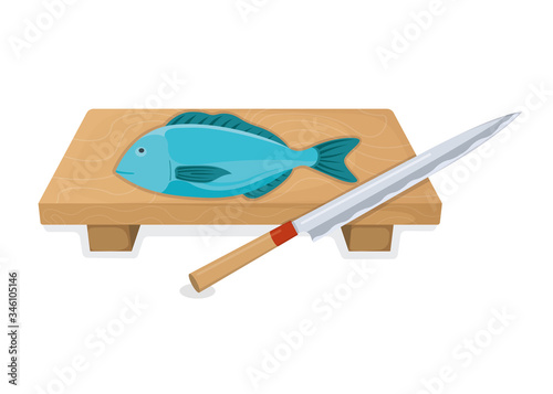 Cut up tuna fish roll and salmon minnow on wooden kitchen board concept isolated on white, cartoon vector illustration.