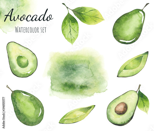 Watercolor set of avocado elements and watercolor green stain. Elements are isolated on a white background