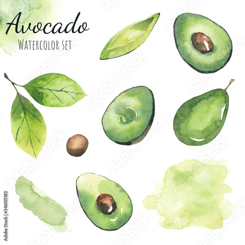 Watercolor set of avocado elements and watercolor green stain. Elements are isolated on a white background