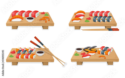 Set of sushi on wooden kitchen board, tuna fish roll and salmon minnow concept isolated on white, cartoon vector illustration.