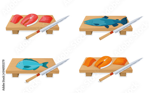 Cut up tuna fish roll and salmon minnow on wooden kitchen board concept isolated on white, cartoon vector illustration.