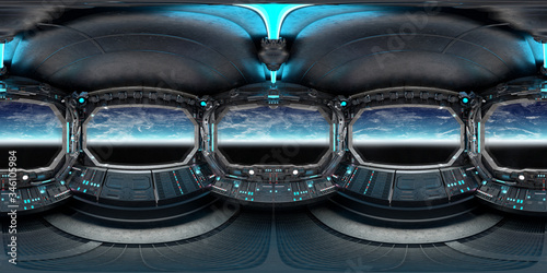 Fototapeta Naklejka Na Ścianę i Meble -  High resolution HDRI panoramic view of dark spaceship interior. 360 panorama reflection mapping of a futuristic spacecraft room 3D rendering