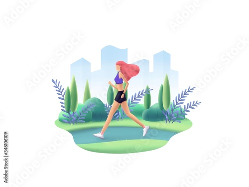 Beautiful sports girl runs on a park. Morning jogging.
