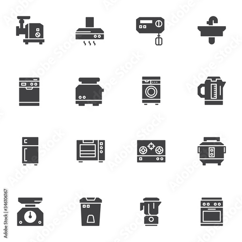 Kitchen appliances vector icons set, modern solid symbol collection, filled style pictogram pack. Signs, logo illustration. Set includes icons as electric meat grinder, mixer, teapot, kitchen scales