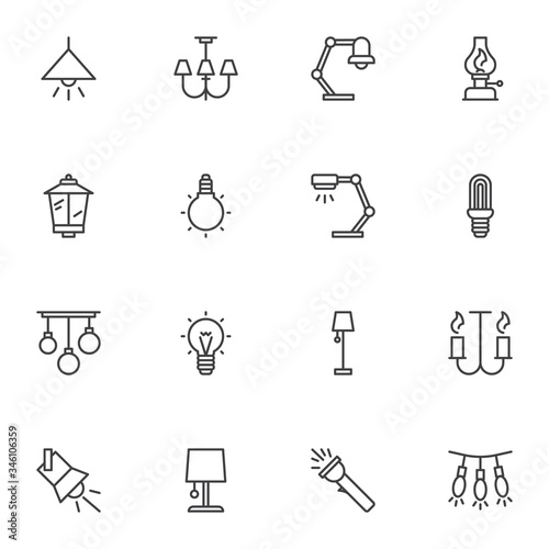 Electric light bulb line icons set, outline vector symbol collection, linear style pictogram pack. Signs, logo illustration. Set includes icons as ceiling chandelier, desk lamp, lantern, flashlight