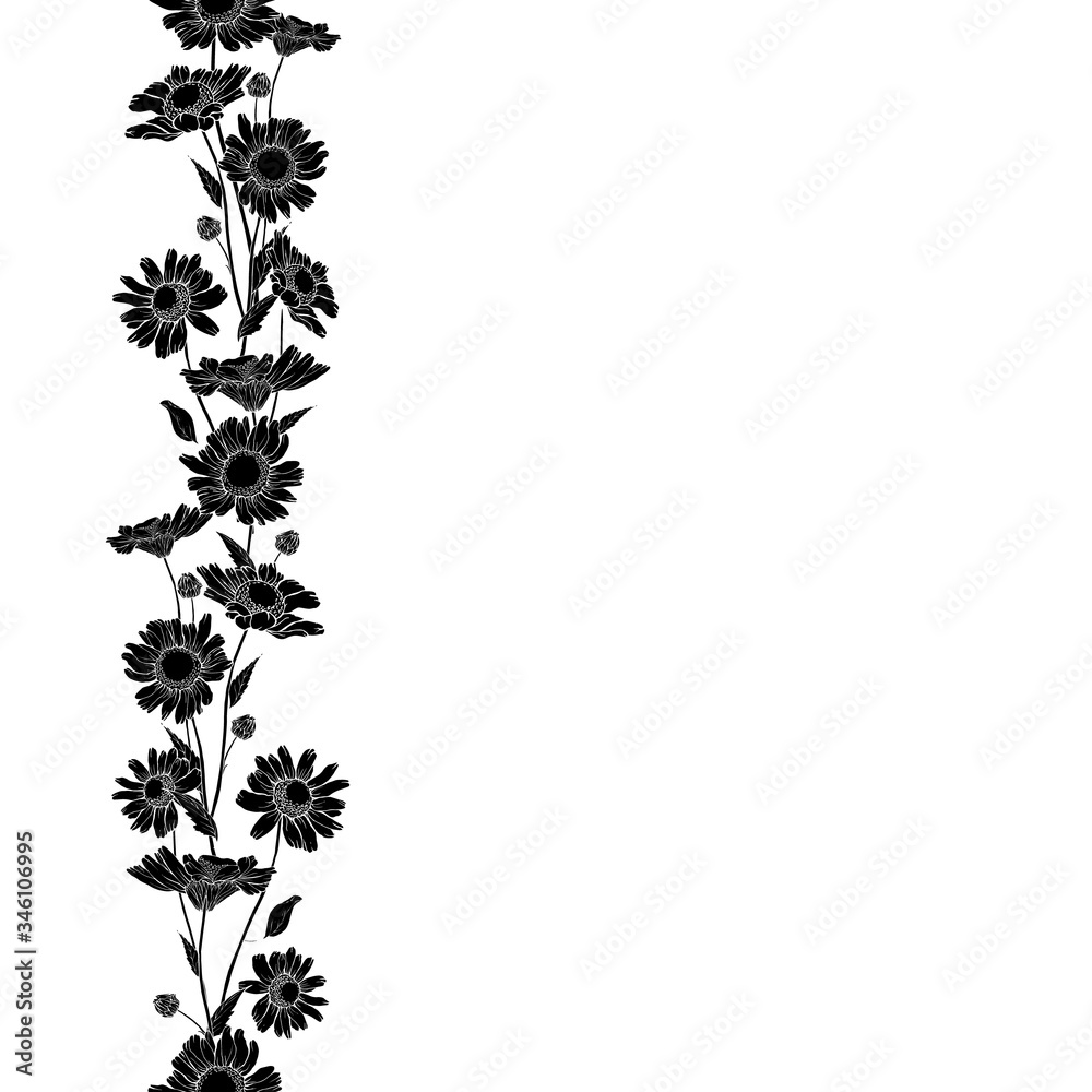 Vector floral vertical seamless border with black silhouette flowers chamomile and leaves.Isolated on white background.Copy space.Hand drawn.Stock illustration for design cards, invitations, sales.