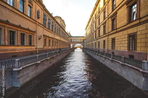 Beautiful facades of historical buildings in Saint Petersburg, deserted streets of the city
