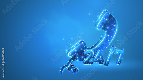 Twenty-four seven support center symbol. Technical service sign. Low poly, wireframe 3d vector illustration. Abstract polygonal image on blue neon background