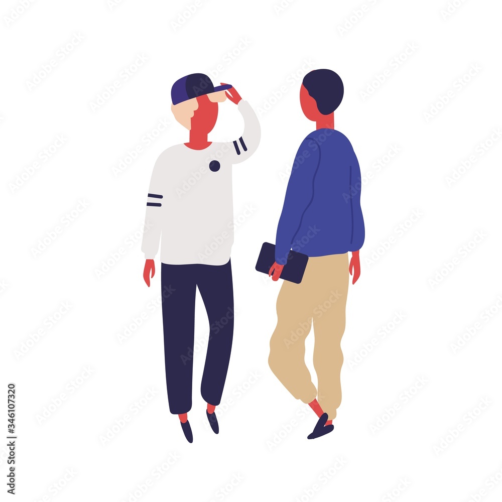 Hipster man in cap talk with student friend hold book vector flat illustration. Two cartoon male enjoying friendly conversation isolated on white. Teenager character communicating each other