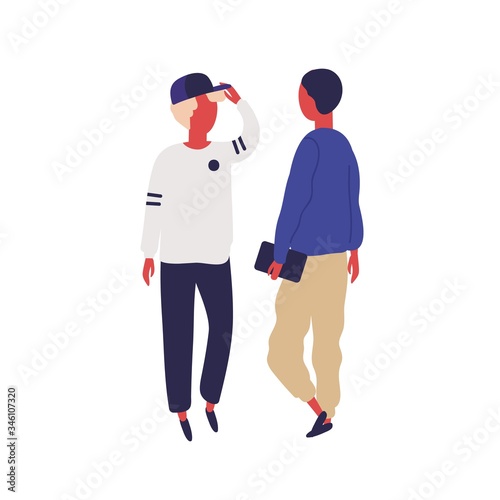 Hipster man in cap talk with student friend hold book vector flat illustration. Two cartoon male enjoying friendly conversation isolated on white. Teenager character communicating each other