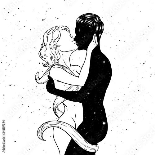 Woman and man kissing, beautiful sensual couple in love on space background. Vector illustration