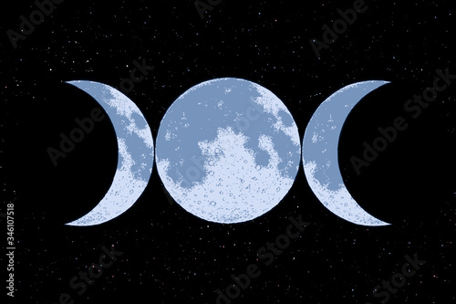 Triple goddess symbol on space background, three moons, wicca, witchcraft, magical symbol, vector illustration