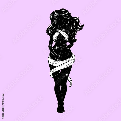 Beautiful pregnant woman figure, mother goddess, esoteric theme. Vector illustration