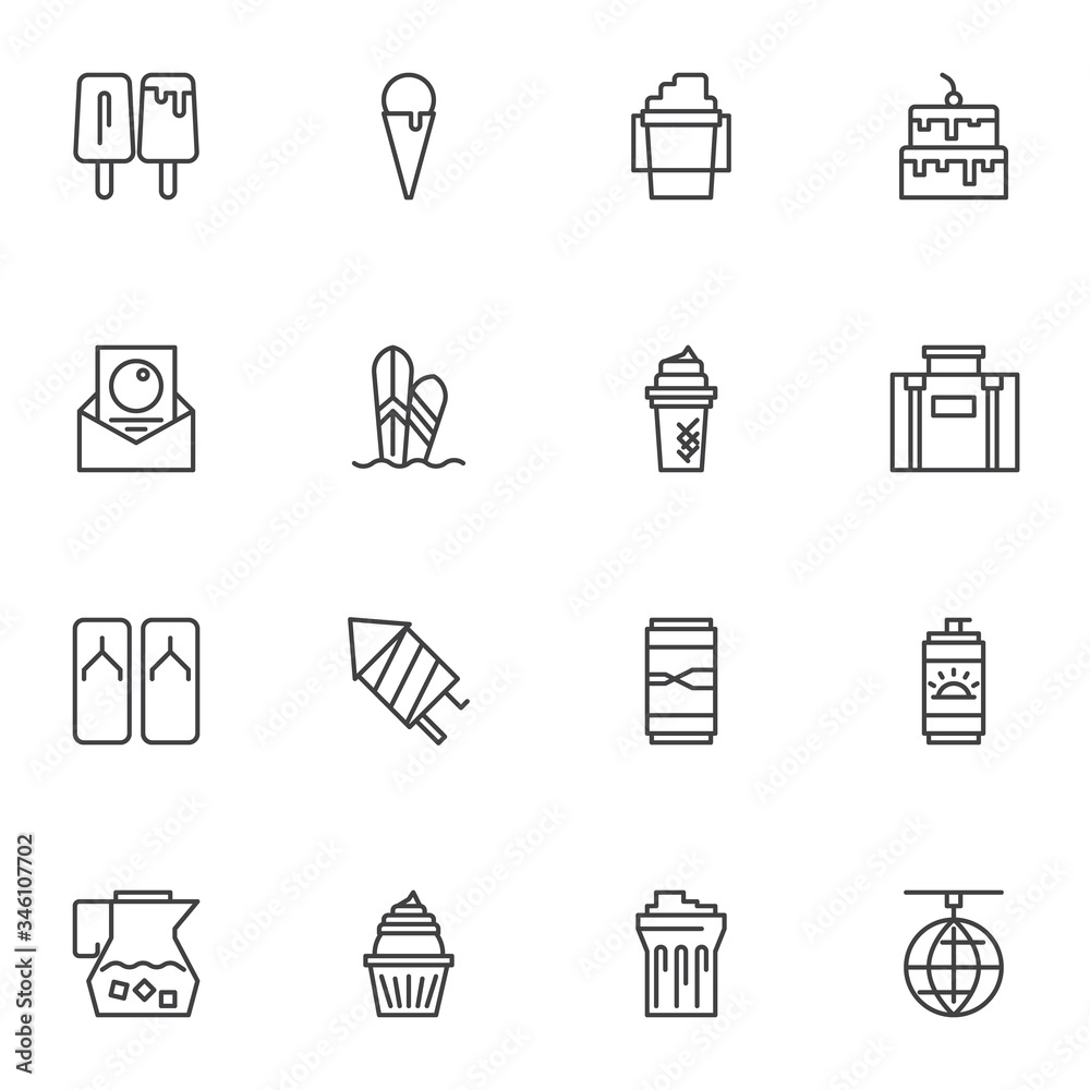 Summer party line icons set, outline vector symbol collection, linear style pictogram pack. Signs, logo illustration. Set includes icons as sunblock, ice cream, cake, travel bag, surfing board, drink Summer party line icons set, outline vector symbol collection, linear style pictogram pack. Signs, logo illustration. Set includes icons as sunblock, ice cream, cake, travel bag, surfing board, drink