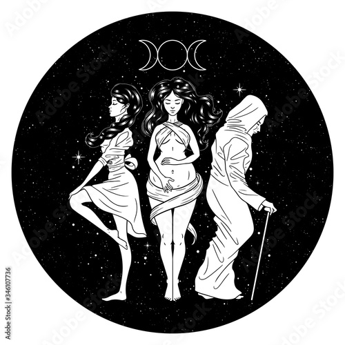 Three women figures, symbol of Triple goddess as Maiden, Mother and Crone, moon phases. Hekate, mythology, wicca, witchcraft. Vector illustration