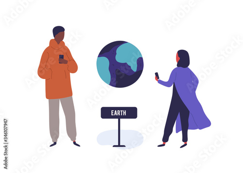 Man and woman visitors photographing Earth model use smartphone vector flat i...