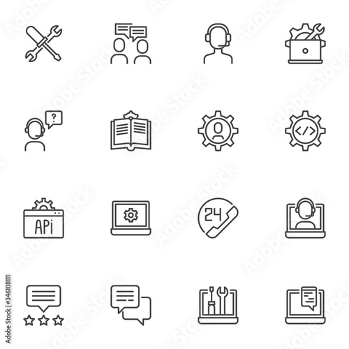Technical support line icons set, outline vector symbol collection, linear style pictogram pack. Signs, logo illustration. Set includes icons as repair tool, customer service, help desk phone call