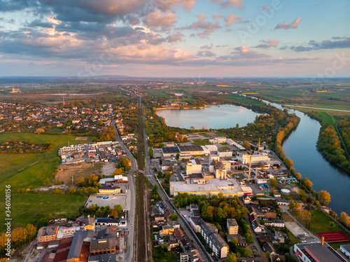 Opole  aerial view of Old Town and Oder river. Poland  spring day. Drone shot on sunset time.