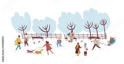 Crowd of people enjoying winter outdoors activity at park vector flat illustration. Colorful men, women and children playing snowballs, walking with dog and sledding isolated on white