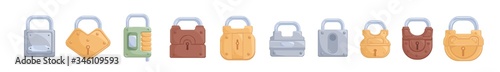 Set of various cartoon iron padlock vector graphic illustration. Collection of colorful security protection symbol isolated on white background. Colored lock with keyhole and code combination