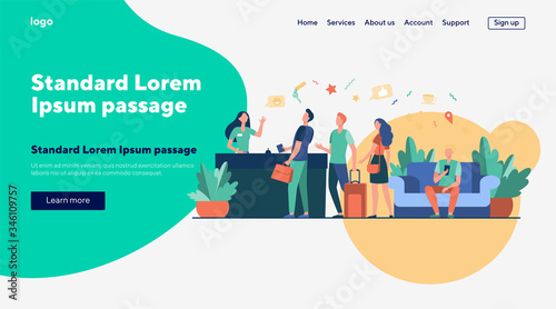 Tourists with bags checking in at hotel. Queue of people standing at reception desk in hotel lobby. Vector illustration for travel, business, tourism concept