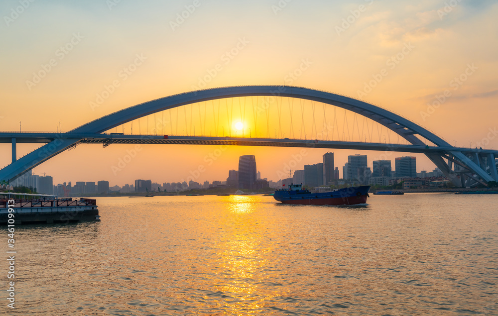 Sunset view of Lupu Bridge, Shanghai, China Sunset view of Lupu Bridge, Shanghai, China