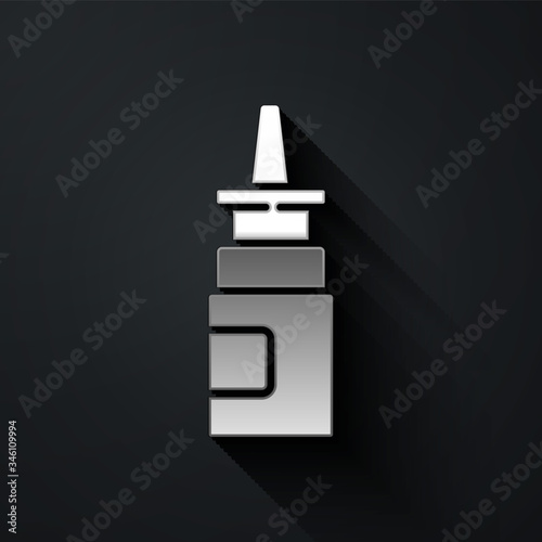 Silver Bottle nasal spray icon isolated on black background. Long shadow style. Vector Illustration