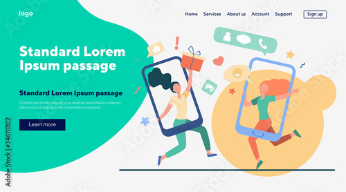 Customers sharing references and earning money. Mobile phones users chatting, exchanging gifts. Vector illustration for refer a friend, referrals, loyalty program, marketing concept