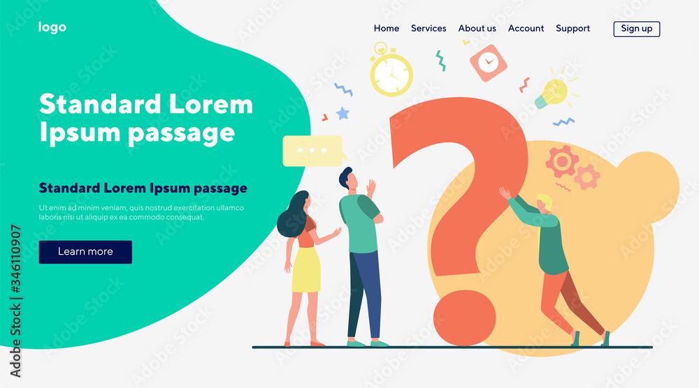 People searching solutions and asking for help. Men and women discussing huge question mark. Vector illustration for communication, assistance, consulting concept