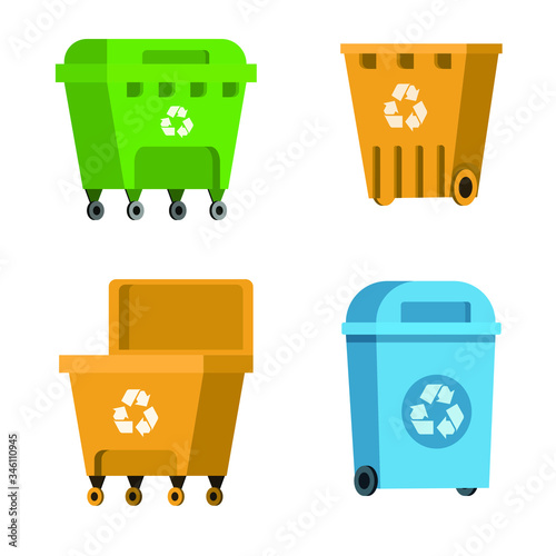 Set of garbage cans. Rubbish containers collection. Concept of waste recycle and ecology. Isolated on white background. Vector illustration.