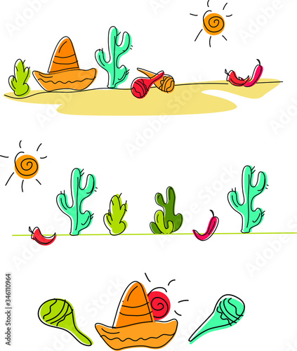 Set of banners on the theme of Spain and Mexico, the attributes of the Mexican and Portuguese culture. Hat cacti and maracas. Vector hand draw banners.