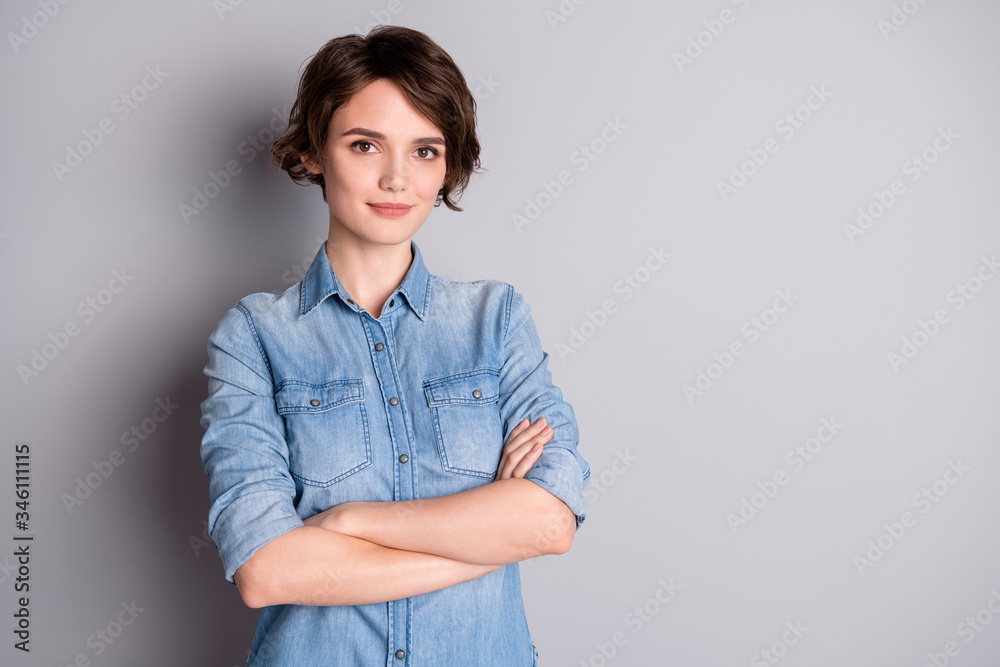 Portrait of charming attractive girl cross hands ready decide choose choice decisions solution wear stylish clothes isolated over gray color background Portrait of charming attractive girl cross hands ready decide choose choice decisions solution wear stylish clothes isolated over gray color background