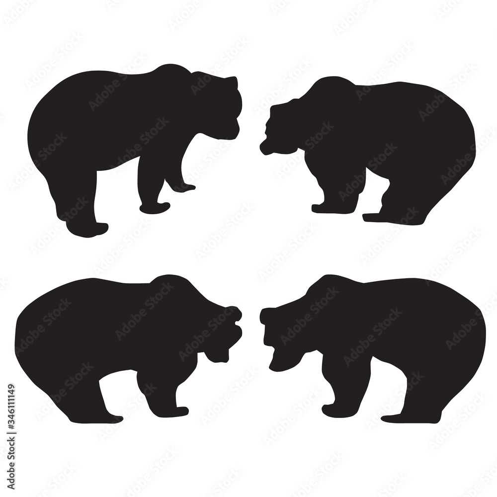 Family of bears. Collection of silhouettes of bears. Bear silhouette. Vector illustration isolated on white background for banner, print, poster. Typography design. Family of bears. Collection of silhouettes of bears. Bear silhouette. Vector illustration isolated on white background for banner, print, poster. Typography design.