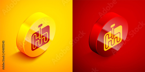 Isometric Gear shifter icon isolated on orange and red background. Transmission icon. Circle button. Vector Illustration