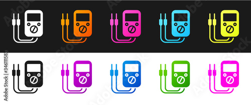Set Ampere meter, multimeter, voltmeter icon isolated on black and white background. Instruments for measurement of electric current. Vector Illustration