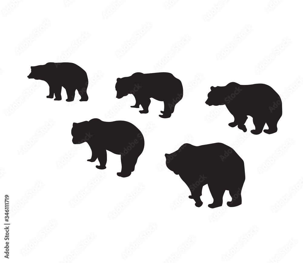 Fototapeta premium Vector set with five silhouette adult bears. Bear silhouette. The flock follows the leader. A family of bears of five individuals. Illustration isolated on a white background.