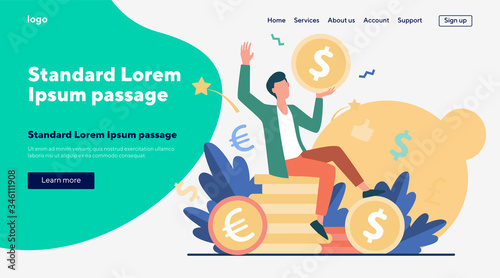 Happy businessman earning money flat vector illustration. Cartoon millionaire or banker holding huge coin. Finance growth and market concept