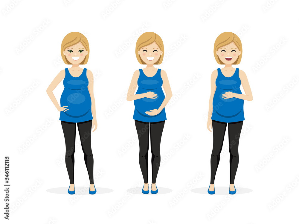Fototapeta premium Happy pregnant woman in different poses. Vector illustration