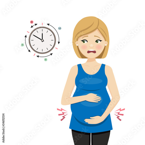 Pregnant woman in labor measuring contractions. Vector illustration