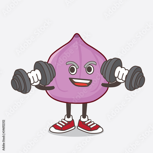 Fig Fruit cartoon mascot character on fitness exercise trying barbells