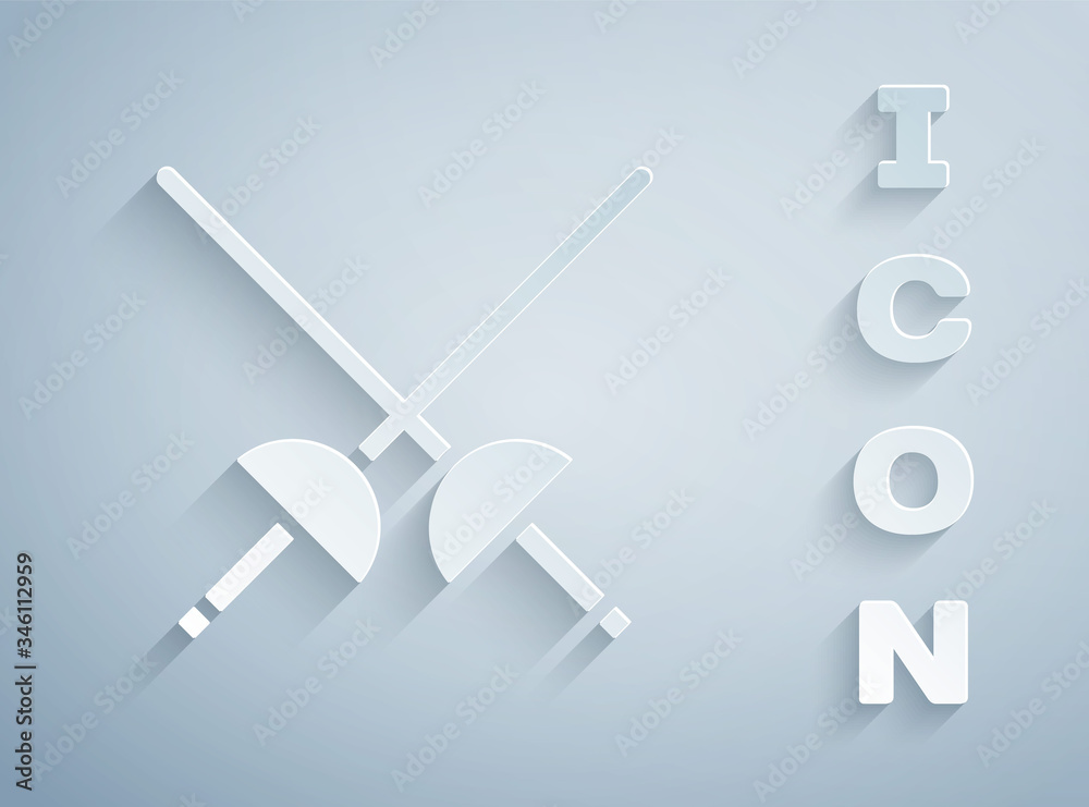 Paper cut Fencing icon isolated on grey background. Sport equipment. Paper art style. Vector Illustration Paper cut Fencing icon isolated on grey background. Sport equipment. Paper art style. Vector Illustration