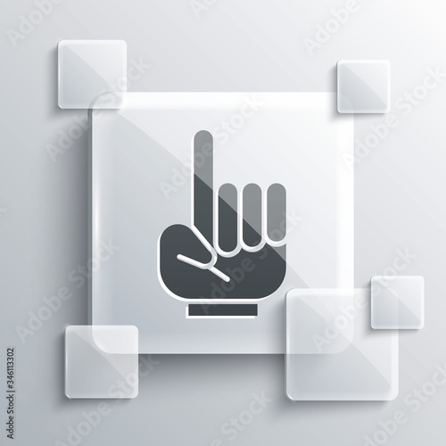 Grey Number 1 one fan hand glove with finger raised icon isolated on grey background. Symbol of team support in competitions. Square glass panels. Vector Illustration